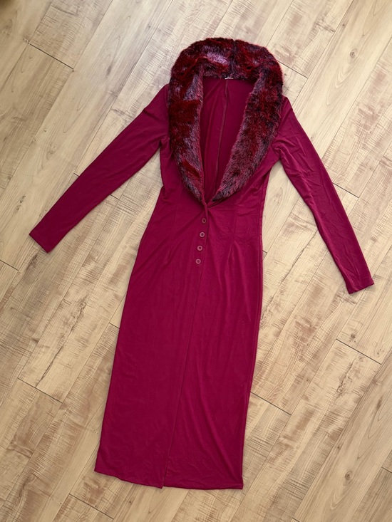 Dresses & Skirts - Vintage 90s Red Faux-Fur Collared Long Coat